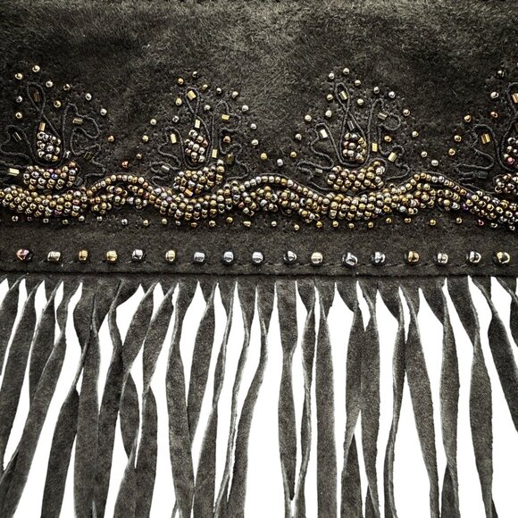 Cripple Creek Fringe Leather Shoulder Bag Black Beaded Studded Double Handles - Picture 5 of 15